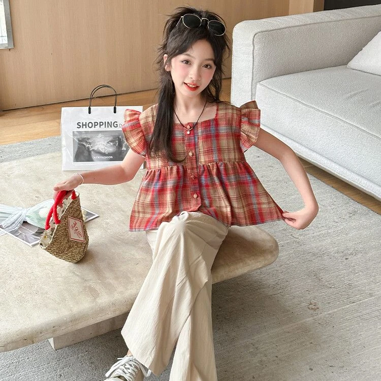 女童夏季套装2025新款新中式 洋气 格子娃娃衫中大童阔腿裤两件套