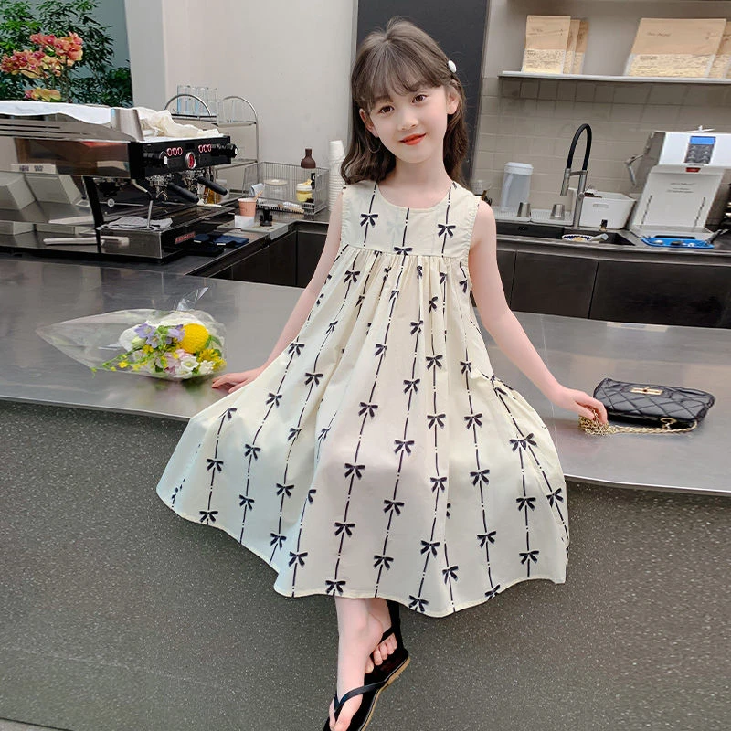 女童夏季连衣裙2025新款无袖洋气夏装蝴蝶结儿童裙子中大童公主裙