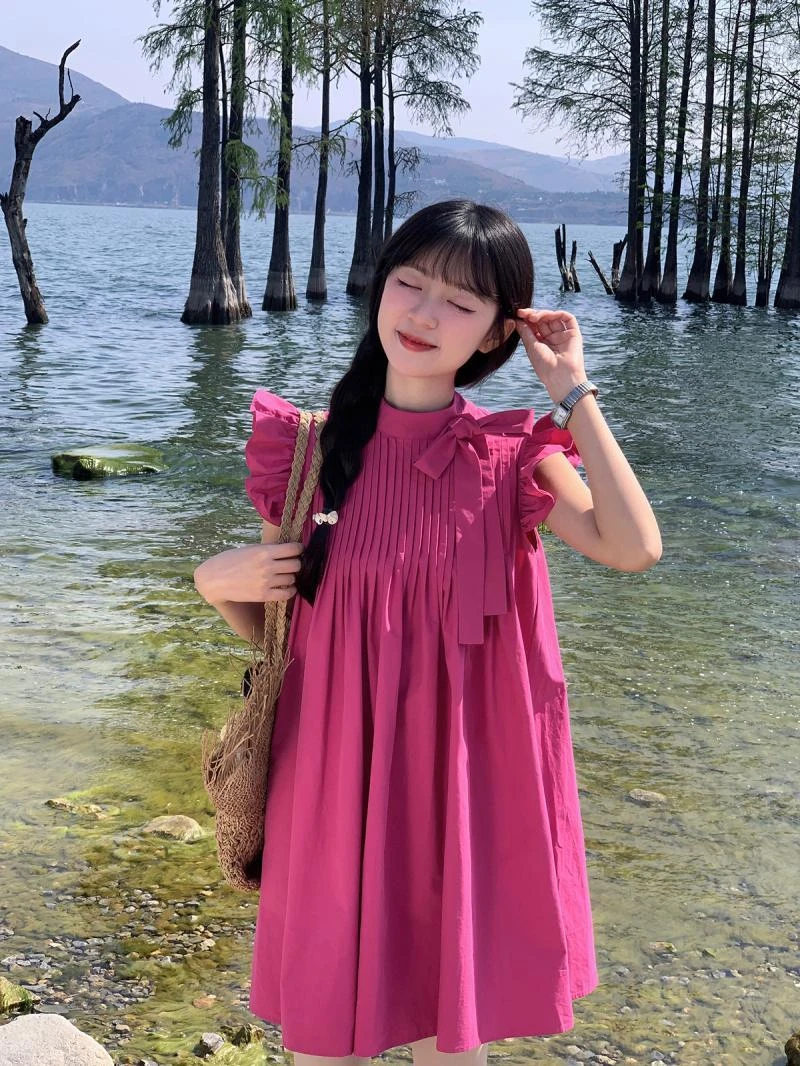 女童夏装时尚2025新款连衣裙中大童儿童洋气小飞袖纯色甜美公主裙