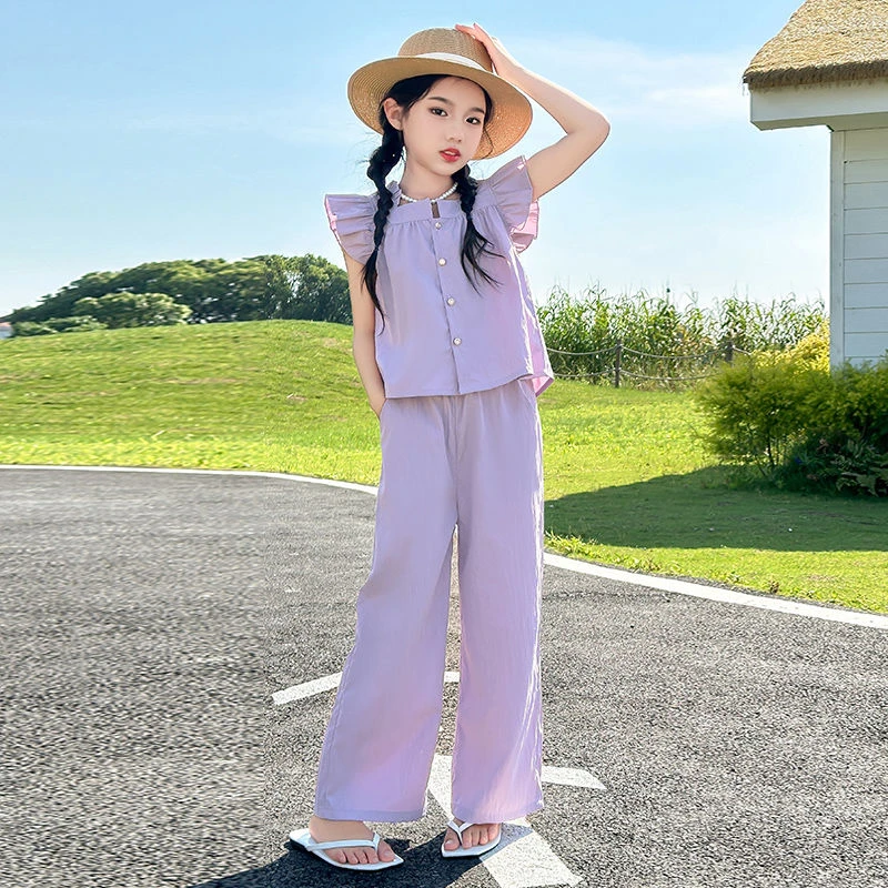 女童夏装新款套装时尚中大童宽松纯色休闲洋气小飞袖衬衫两件套装