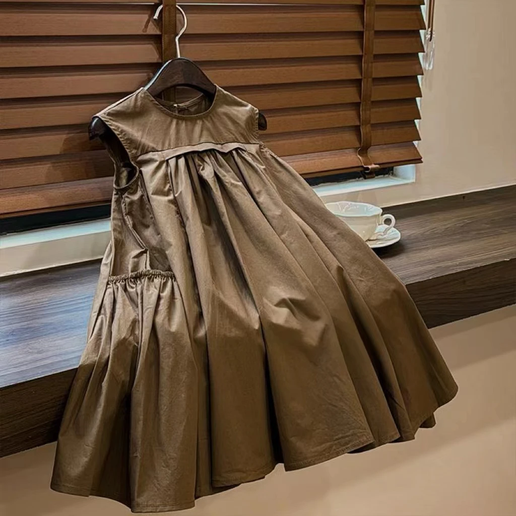 【丁达尔穿搭】女童夏季时尚纯色中长款森系风气质中大童无袖连衣裙