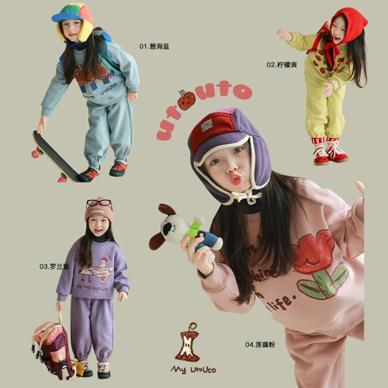 utouto大耳象女童印花加绒卫衣印花加绒长裤2024冬季新款2410500