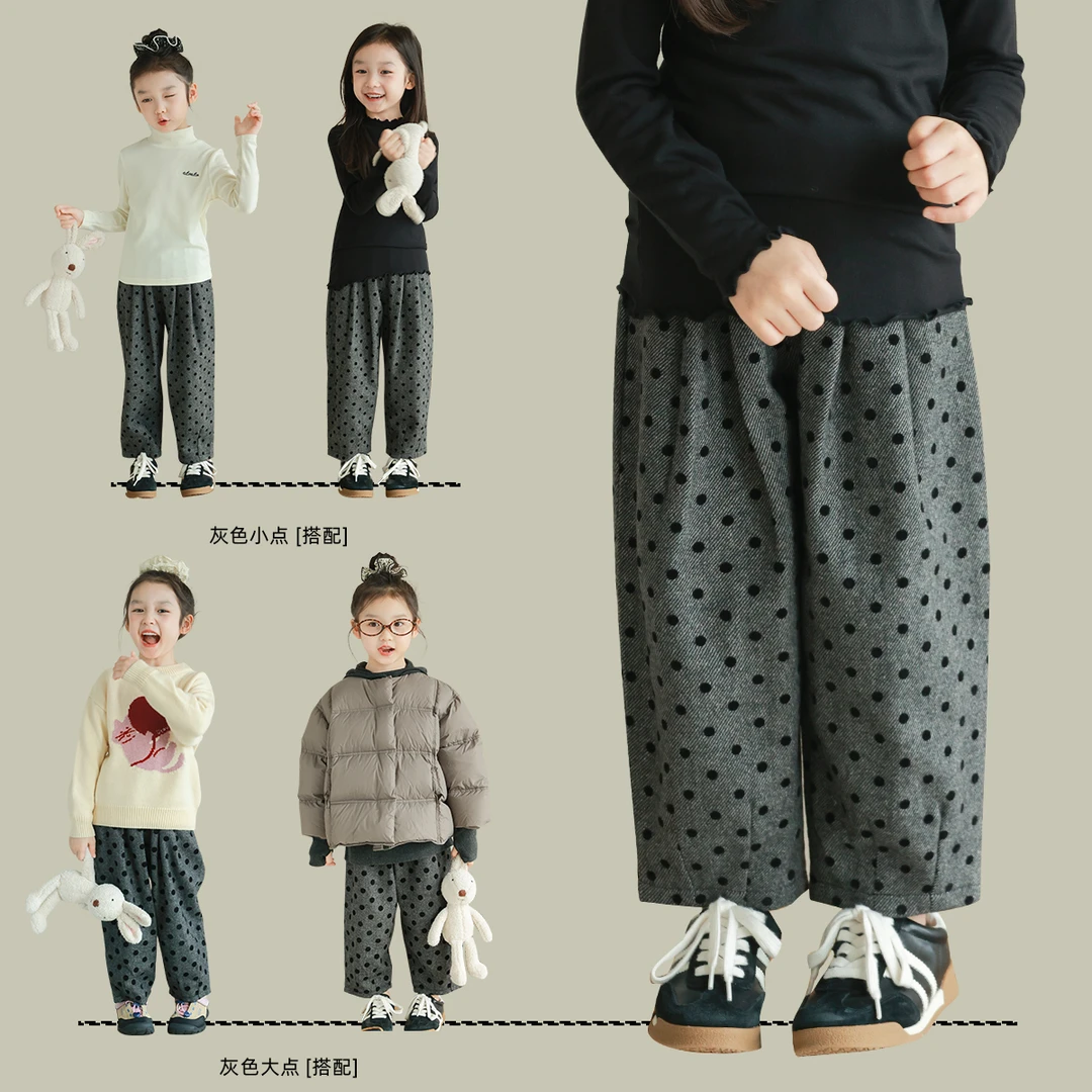 utouto大耳象女童波点毛呢休闲裤2024冬季新款女宝2410307