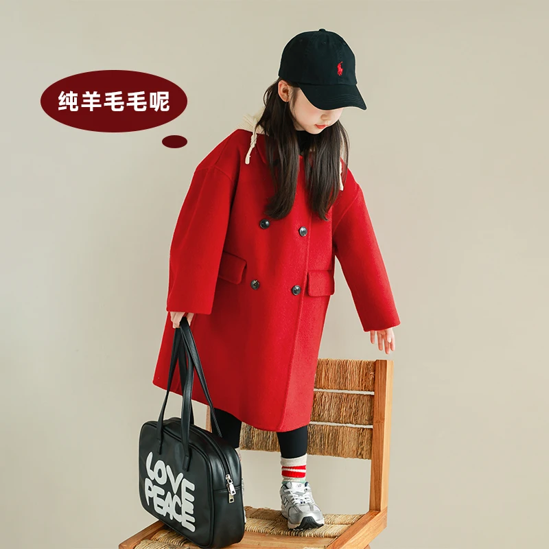 utouto大耳象女童翻领双排扣拼接帽呢大衣2024冬季新款2410368