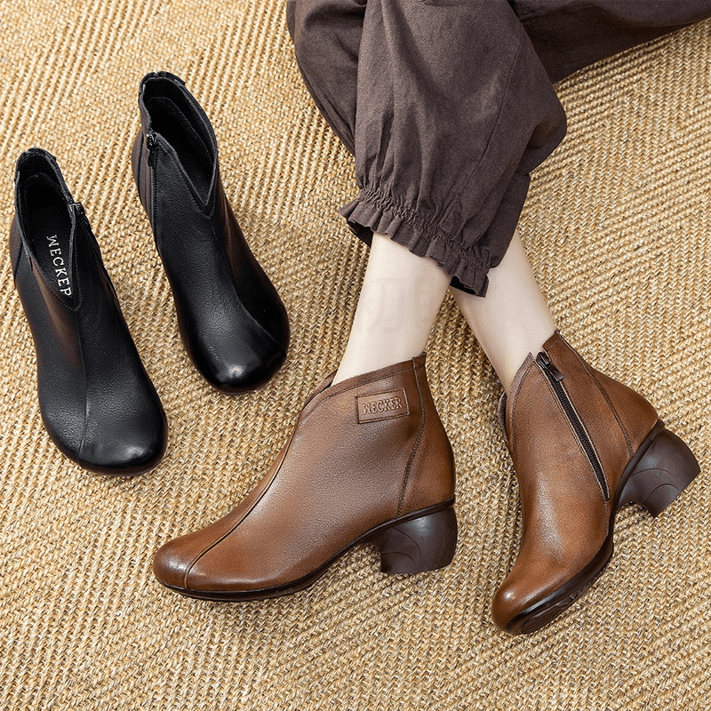 【反季清货】2818真皮英伦风秋冬休闲百搭冬款圆头复古短靴加绒