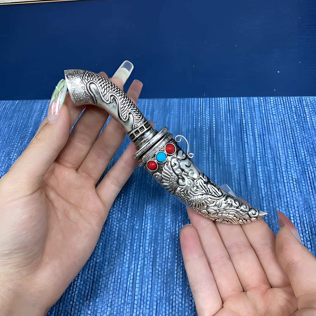 龙凤蒙古小弯吃肉瓜果把玩收藏刀精美手工一体锻打花纹手把肉小刀