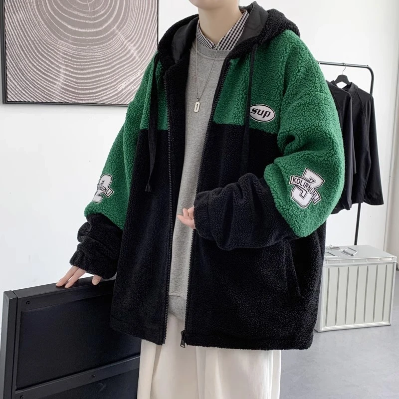 【清仓】羊羔绒开衫卫衣男秋冬季宽松大码加厚保暖棉服拼接连帽夹克