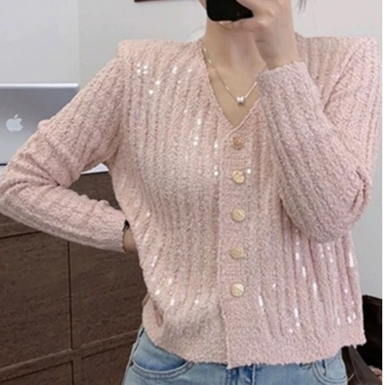 韩系气质V领排扣针织衫2024秋冬时尚甜美短款亮片开衫衣服上衣女
