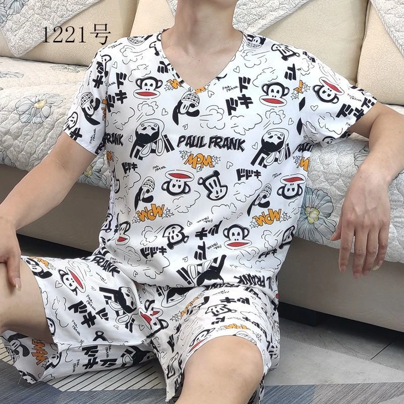 夏季男士春夏潮流睡衣男套装纯棉绸家居服男薄款网红时尚休闲印花