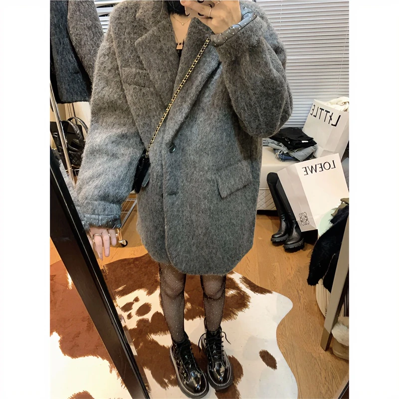 Xinlei Lin波点内衬灰色马海毛大衣女中长款羊毛呢西装外套秋冬韩