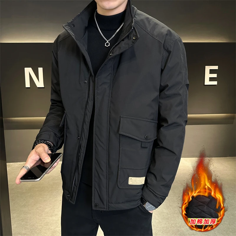 秋冬季男士立领夹克休闲外套高级感暗扣百搭运动宽松加棉加厚帅气