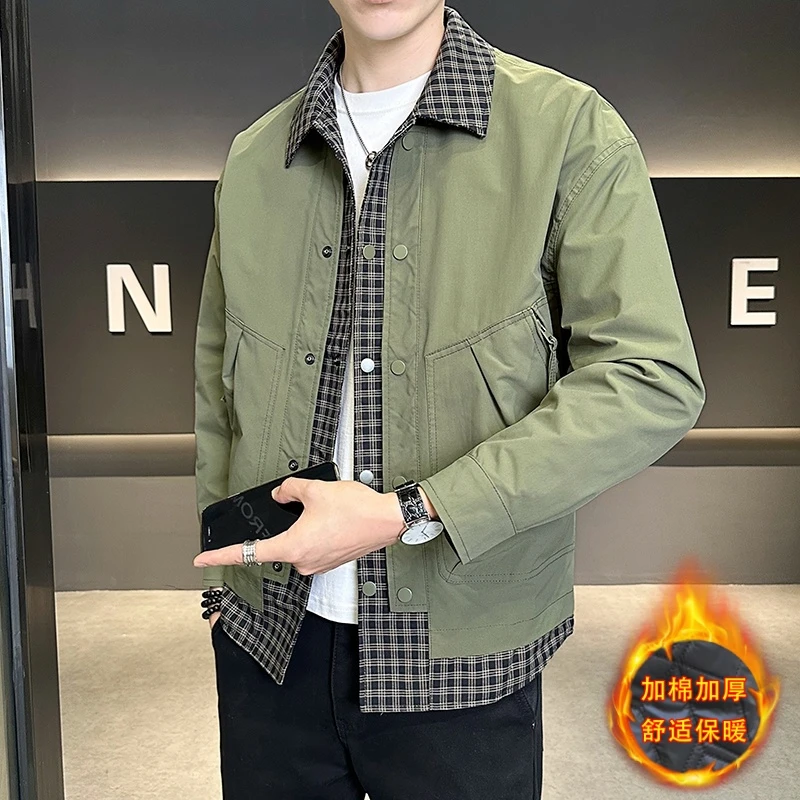秋冬加棉加厚休闲格子外套男士高级翻领夹克新款宽松拼接时尚宽松