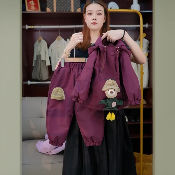 Bobo Beer 韩版女童绛紫色夹棉外套秋冬季新款中大童洋气上衣冬装