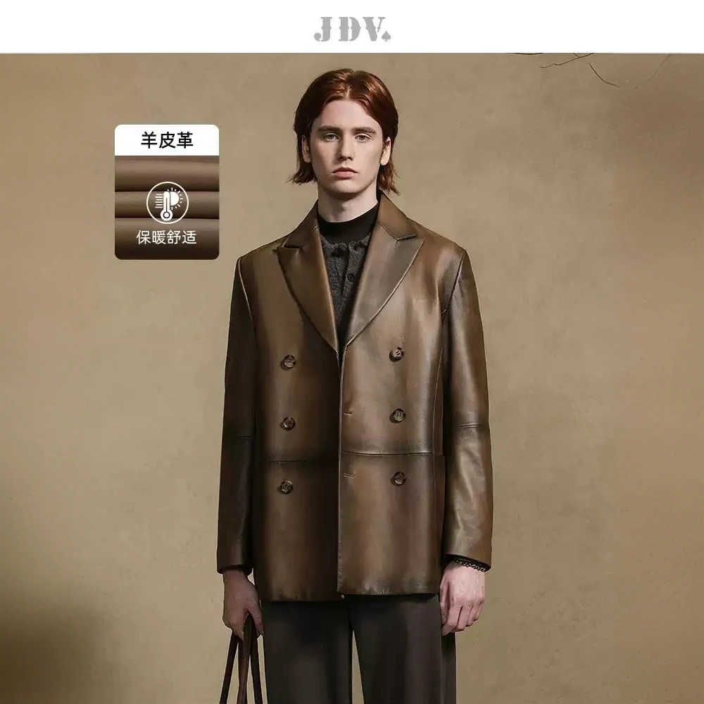 J.D.V男装2024秋季新品商场同款羊皮革皮衣双排扣外套WLT4501