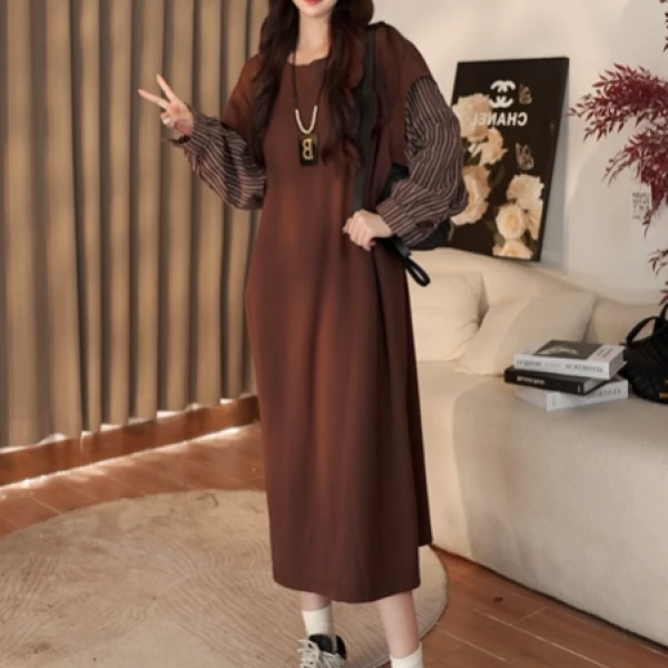 【现货补贴】韩版慵懒感假两件拼接连衣裙洋气显瘦开叉长裙24881