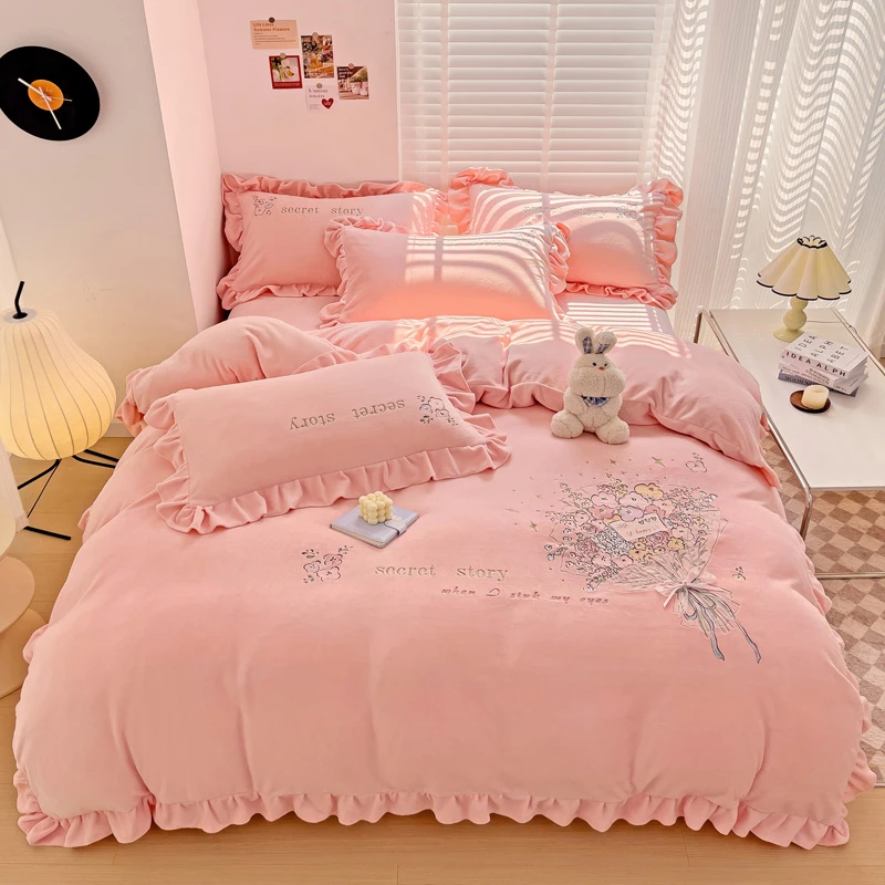 加厚韩版牛奶绒四件套防静电高克重保暖A级母婴级绣花双面绒亲肤