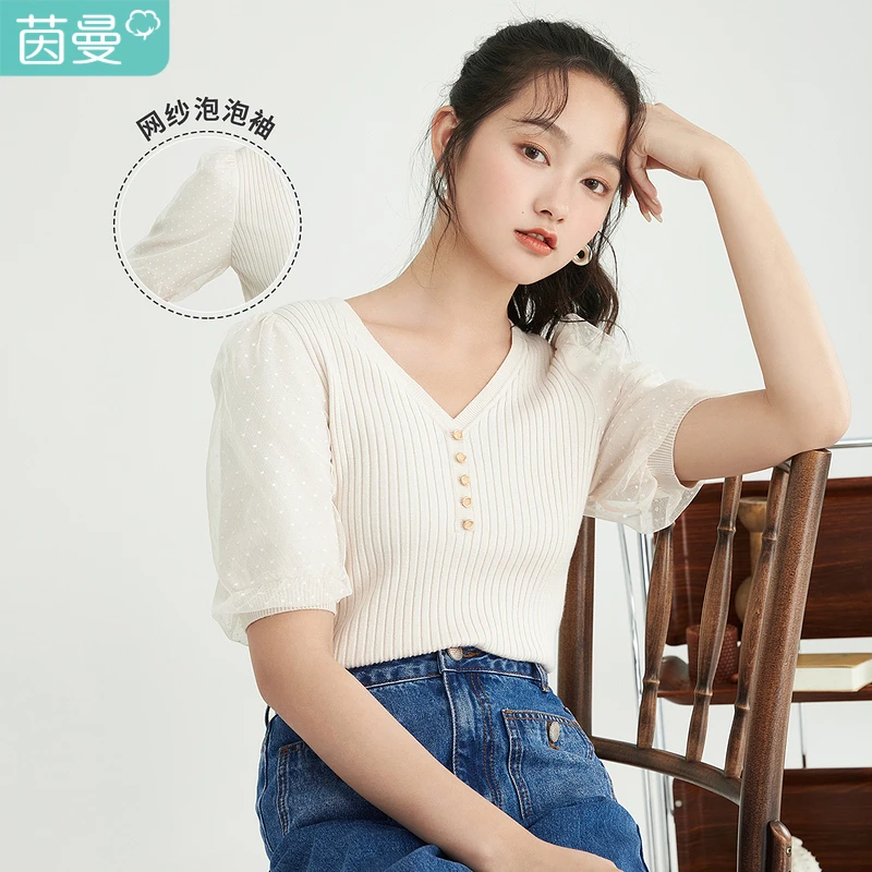茵曼春秋女毛针织衫上衣新款短袖套头V领泡泡袖时尚休闲爆款百搭