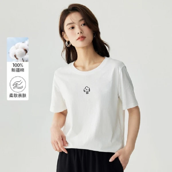茵曼2024夏季新款女T恤上衣短袖长袖白时尚纯棉宽松休闲情侣刺绣