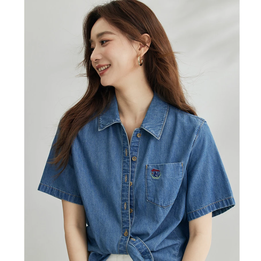【周年庆】茵曼2024夏季新款女衬衫衬衣上衣牛仔短袖纯棉宽松显瘦