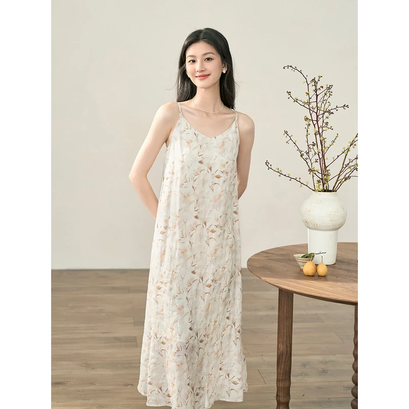 【雅丹风】茵曼春秋女连衣裙裙子长裙吊带碎花新款度假休闲印花时尚