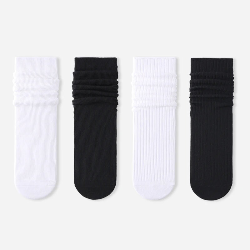 秋冬款女生高筒堆堆袜双针织袜子纯色设计黑色条纹白色堆堆袜