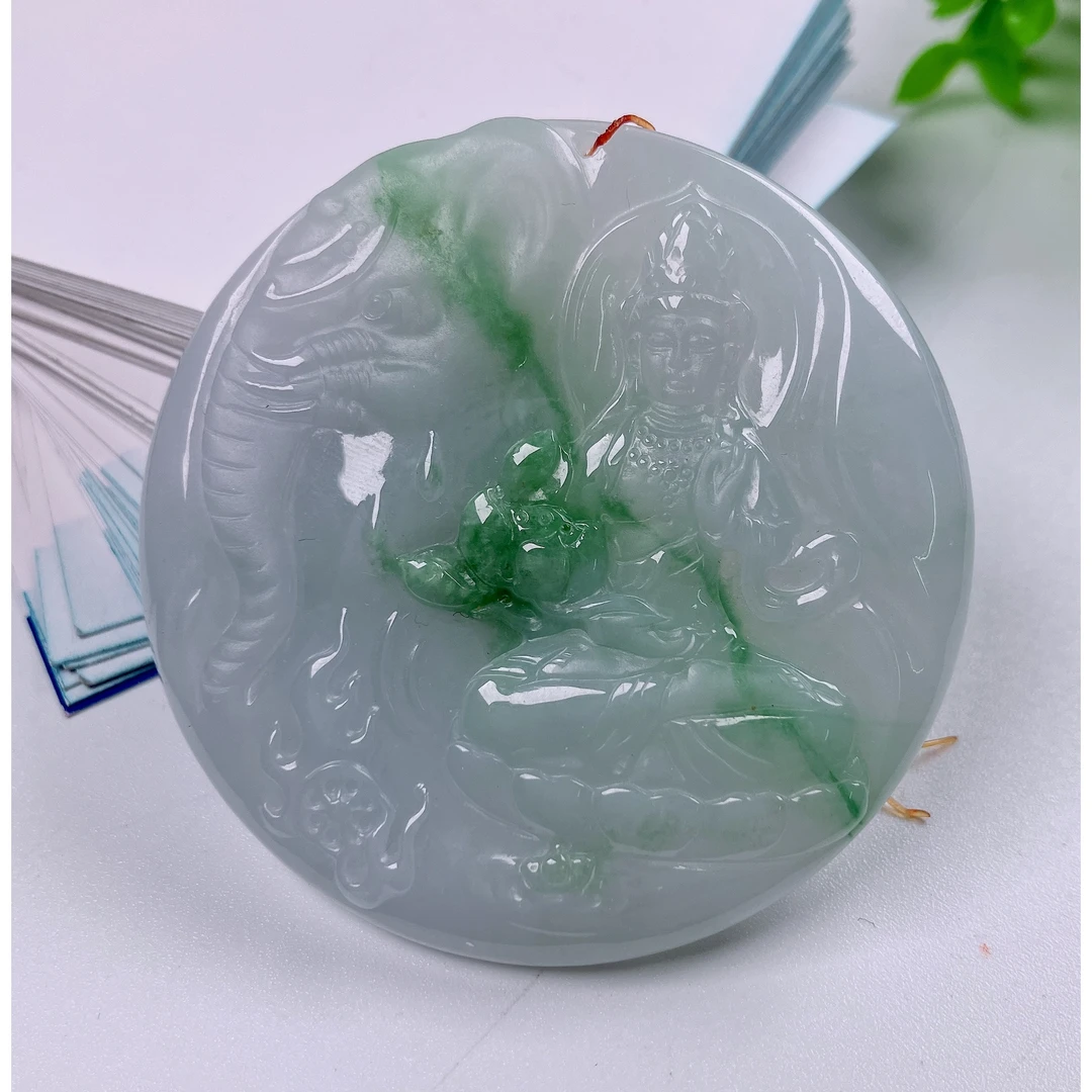 缅甸天然翡翠A货吊坠普贤菩萨本命佛守护神飘花飘绿纯天然
