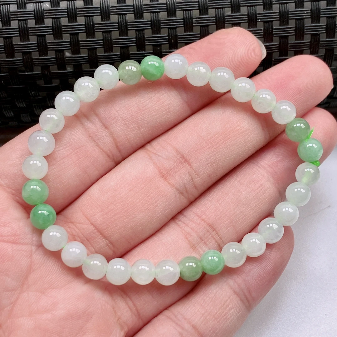 缅甸天然翡翠A货手链手串双彩冰种冰绿女款老坑纯天然玉石圆珠5.6