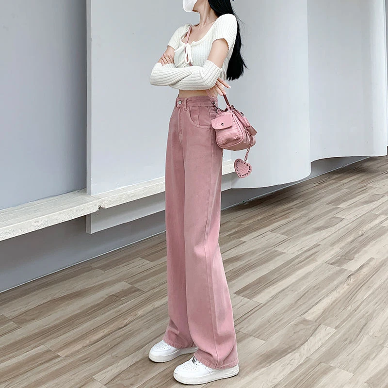脏粉色阔腿牛仔裤女2024春夏新款高腰宽松显瘦直筒小个子拖地裤潮