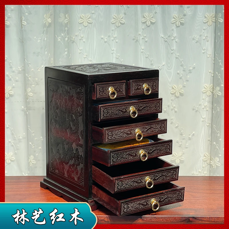 大红酸枝龙凤呈祥七斗柜红木茶饼收纳柜
