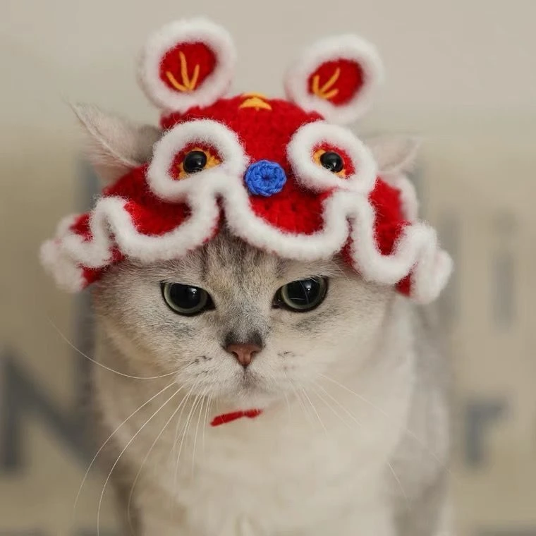 宠物新年春节猫咪帽子头套狗狗衣服拜年毛线帽过年小猫头饰英美短