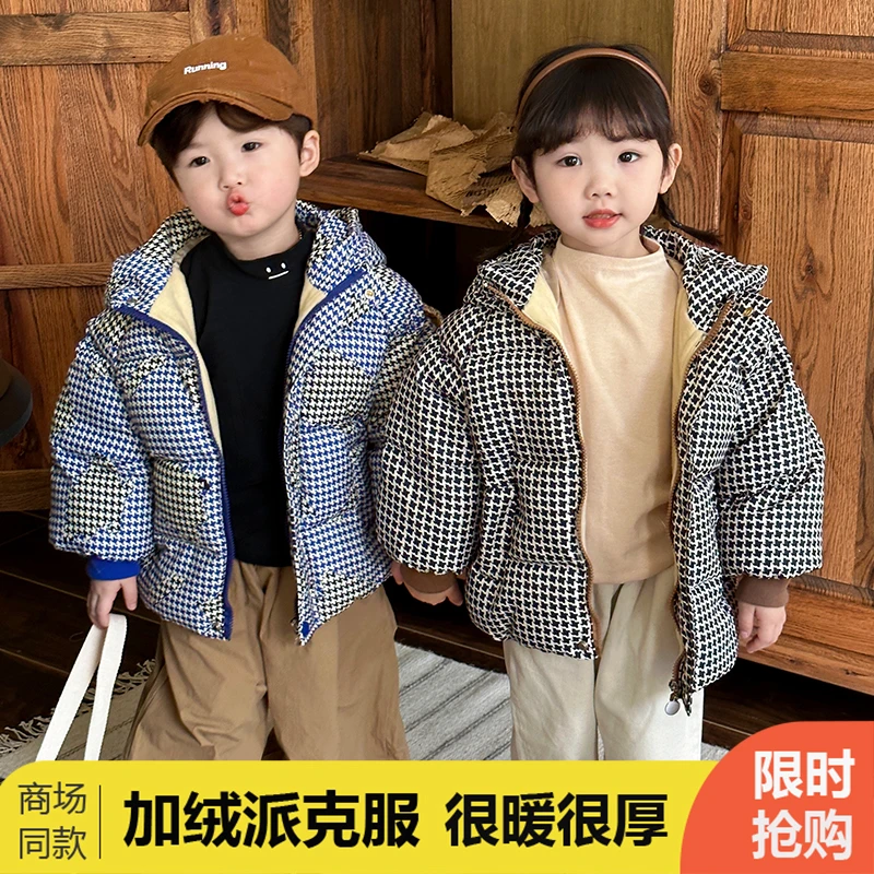 韩版儿童棉服加绒加厚中小童卡通派克棉衣男女宝宝外套格子洋气