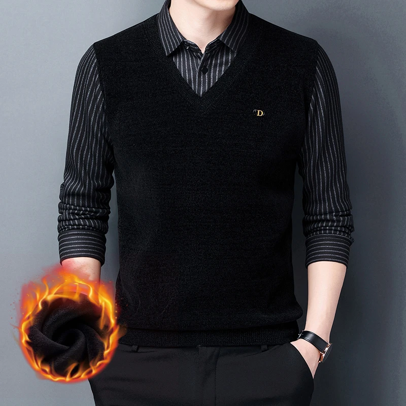 男士加绒加厚毛衣冬季新款翻领假两件衬衫领休闲保暖长袖高档上衣