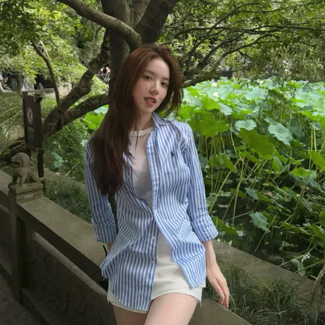 无品牌纯棉条纹衬衫刺绣正肩衬衫早秋穿搭透气时尚百搭设计感夏季