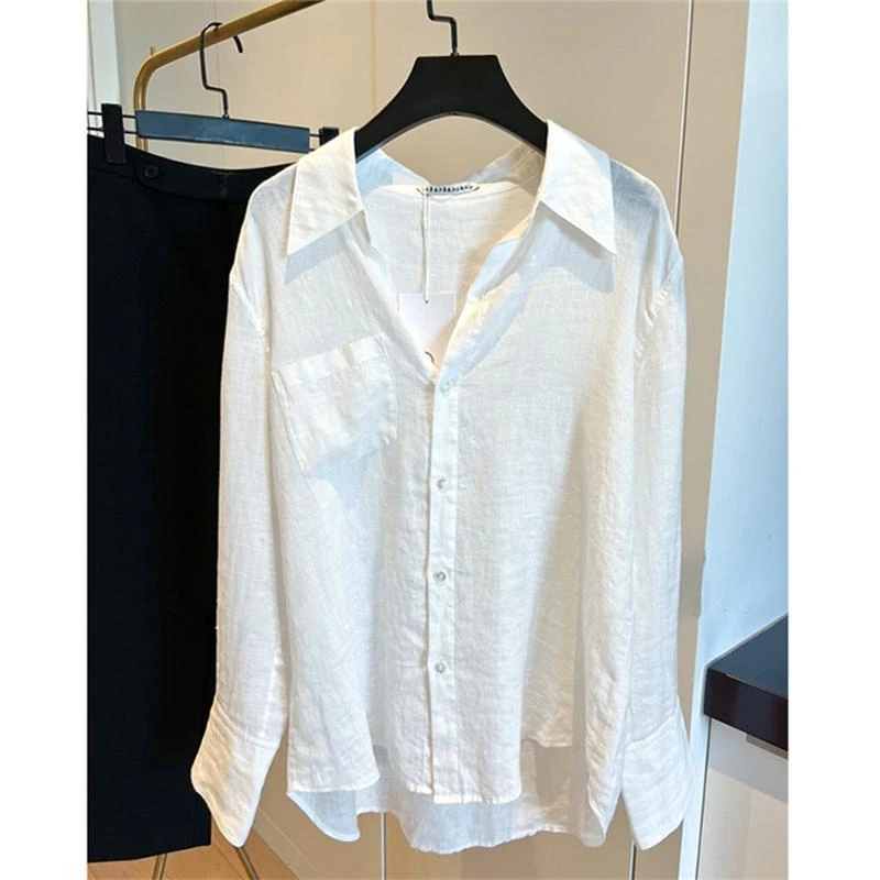 白色棉麻防晒衬衫女夏季薄款宽松设计感小众法式长袖衬衣别致上衣
