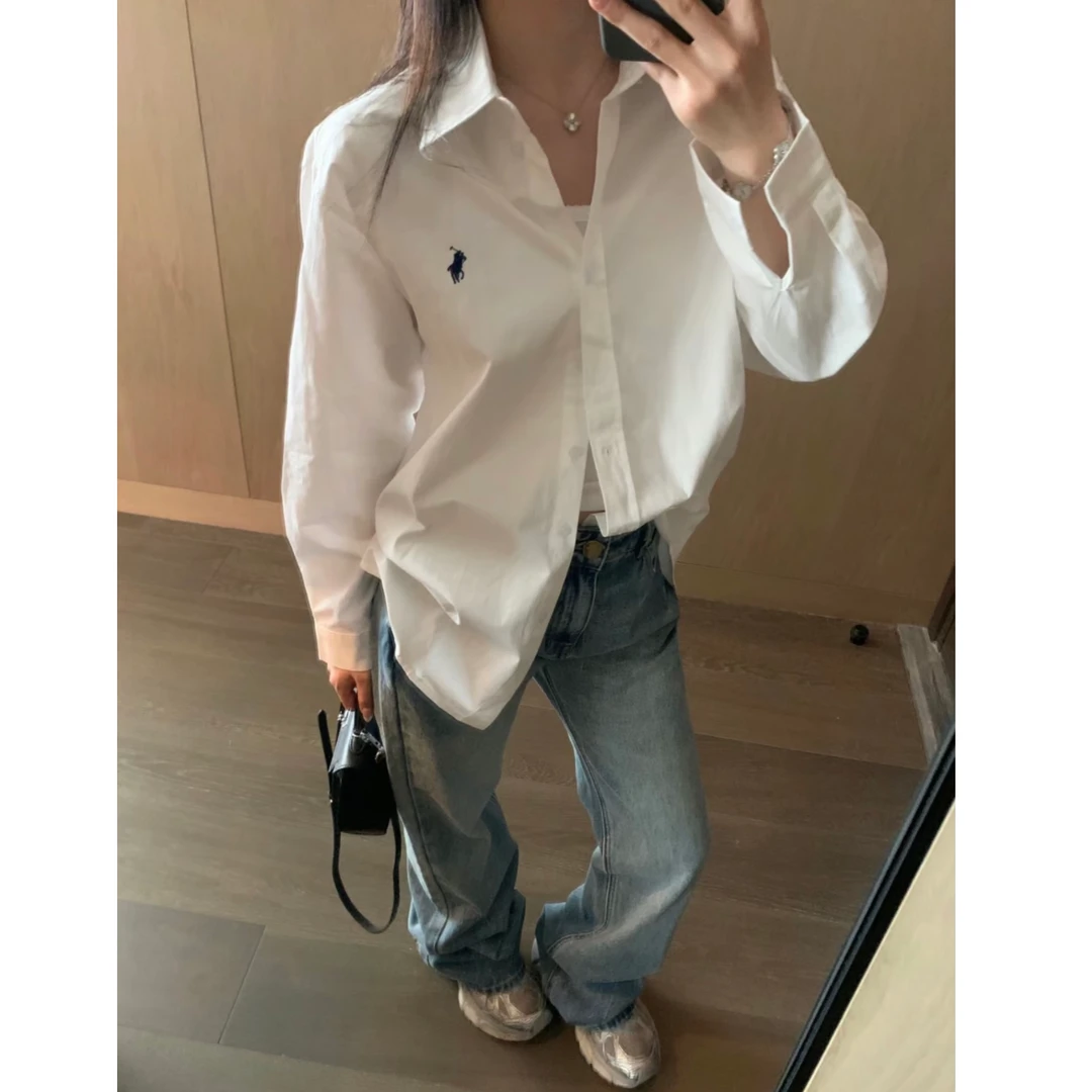 纯棉刺绣小马衬衫秋季新款打底白色衬衫女