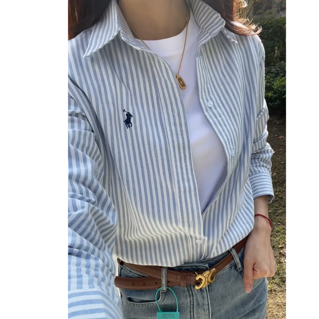 条纹衬衫外套女春秋气质外搭开衫薄款宽松长袖纯棉上衣防晒衬衣