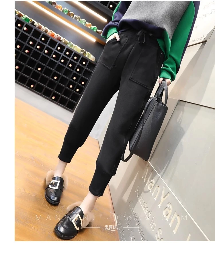 松紧腰加厚裤子女休闲哈伦裤加绒韩版侧拉链宽松束脚九分运动卫裤