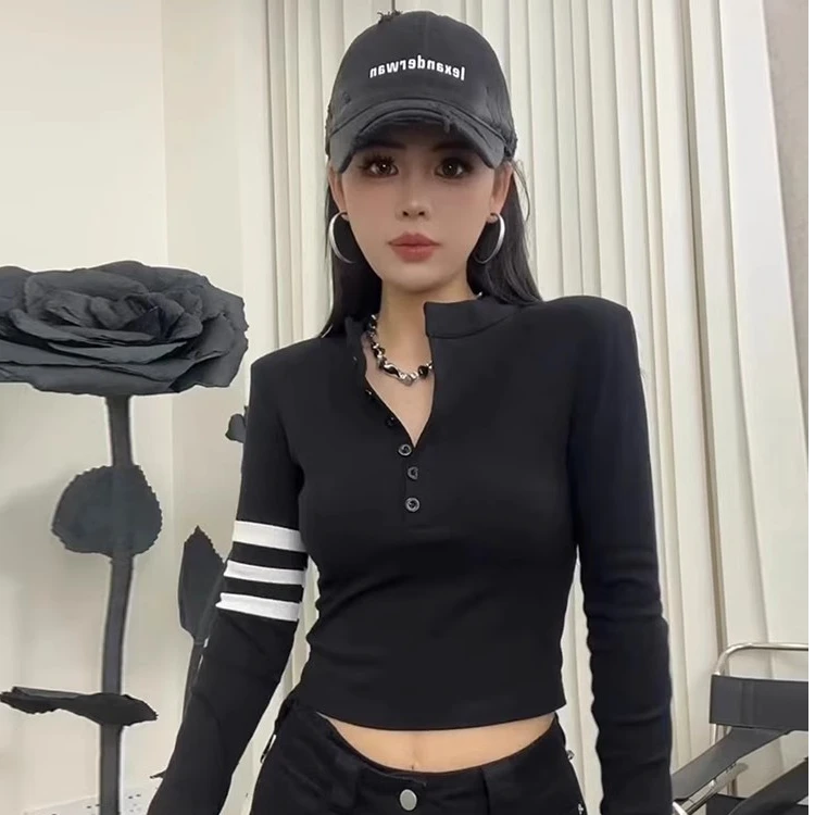 复古拼色三道杠单排扣上衣女秋季新款辣妹弹力修身短款长袖打底衫
