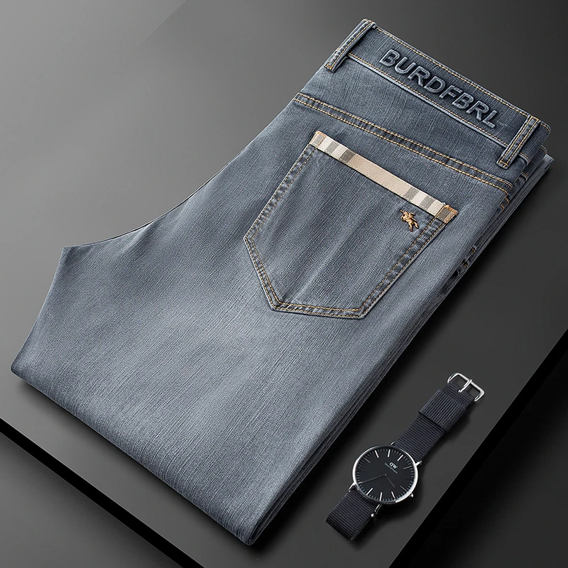 轻奢级夏季薄款高端洗水浅灰色牛仔裤男修身小直筒弹力休闲裤男士