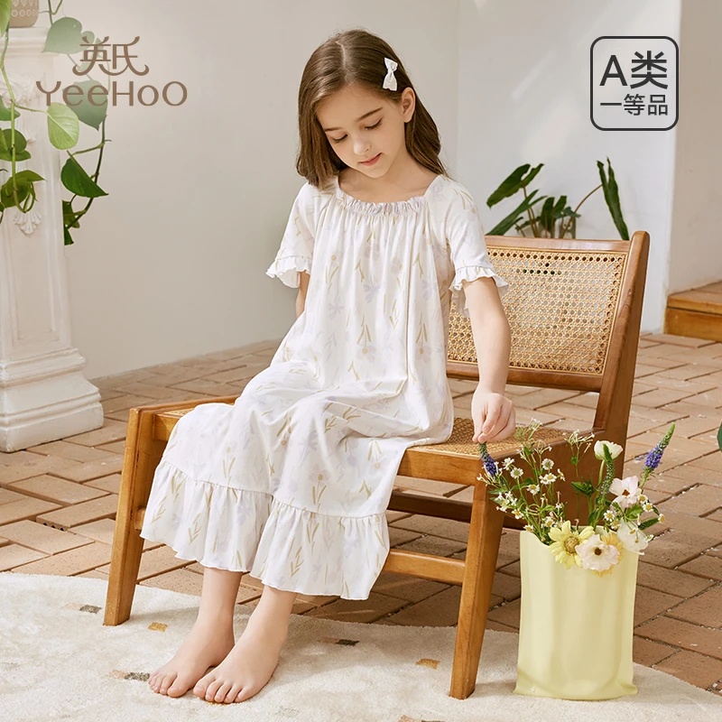 英氏儿童睡裙女童宝宝夏季薄款连体睡衣纯棉短袖中长款洋气连衣裙