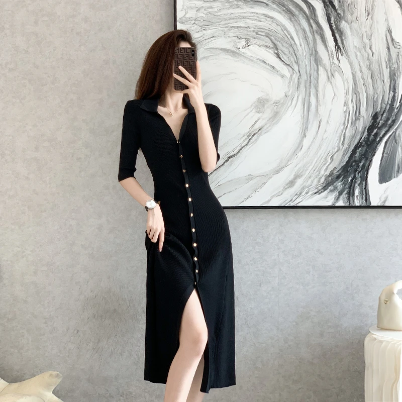 高级感显瘦显高气质长裙女夏法式轻奢名媛赫本风别致修身连衣裙子