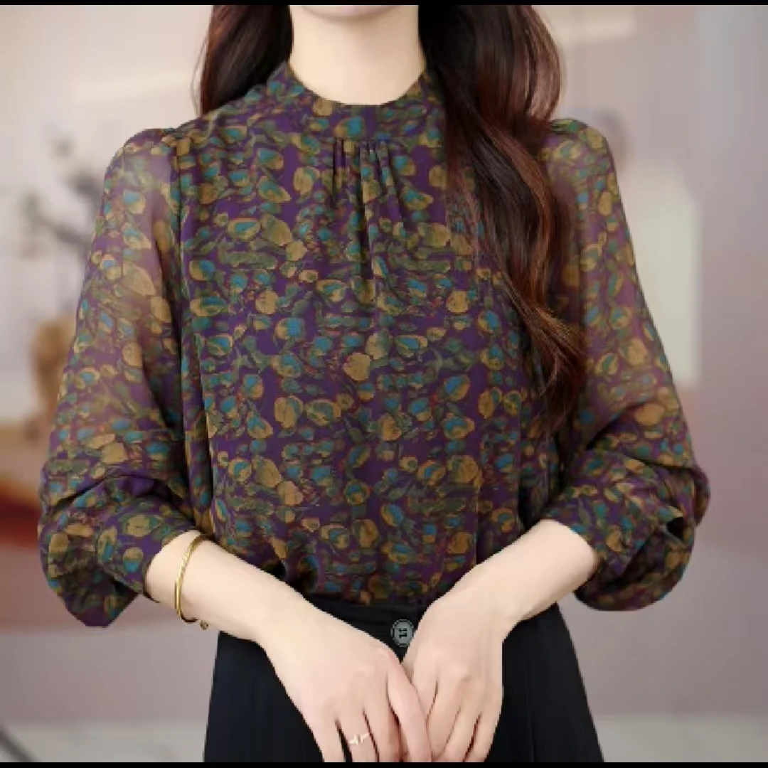 2024春夏新款衬衫气质百搭衬衣圆领显瘦印花长袖上衣JA36