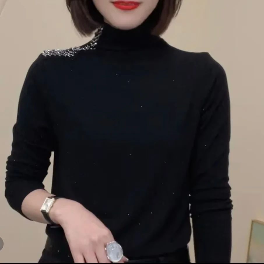 2024秋冬新款半高领烫钻显瘦长袖T恤时尚百搭洋气设计感女士小衫