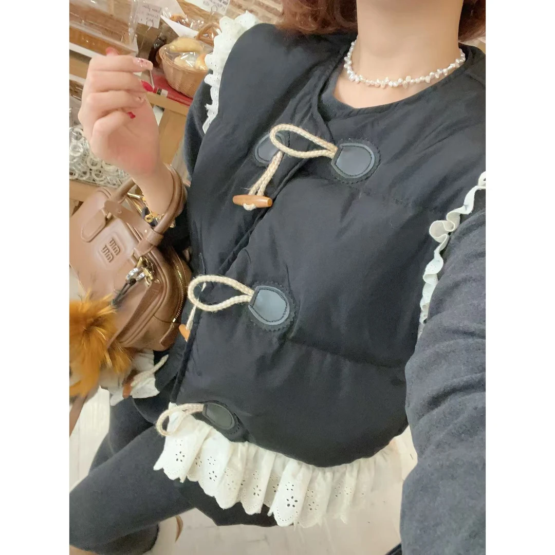 【YFONI】牛角扣花边棉服马甲