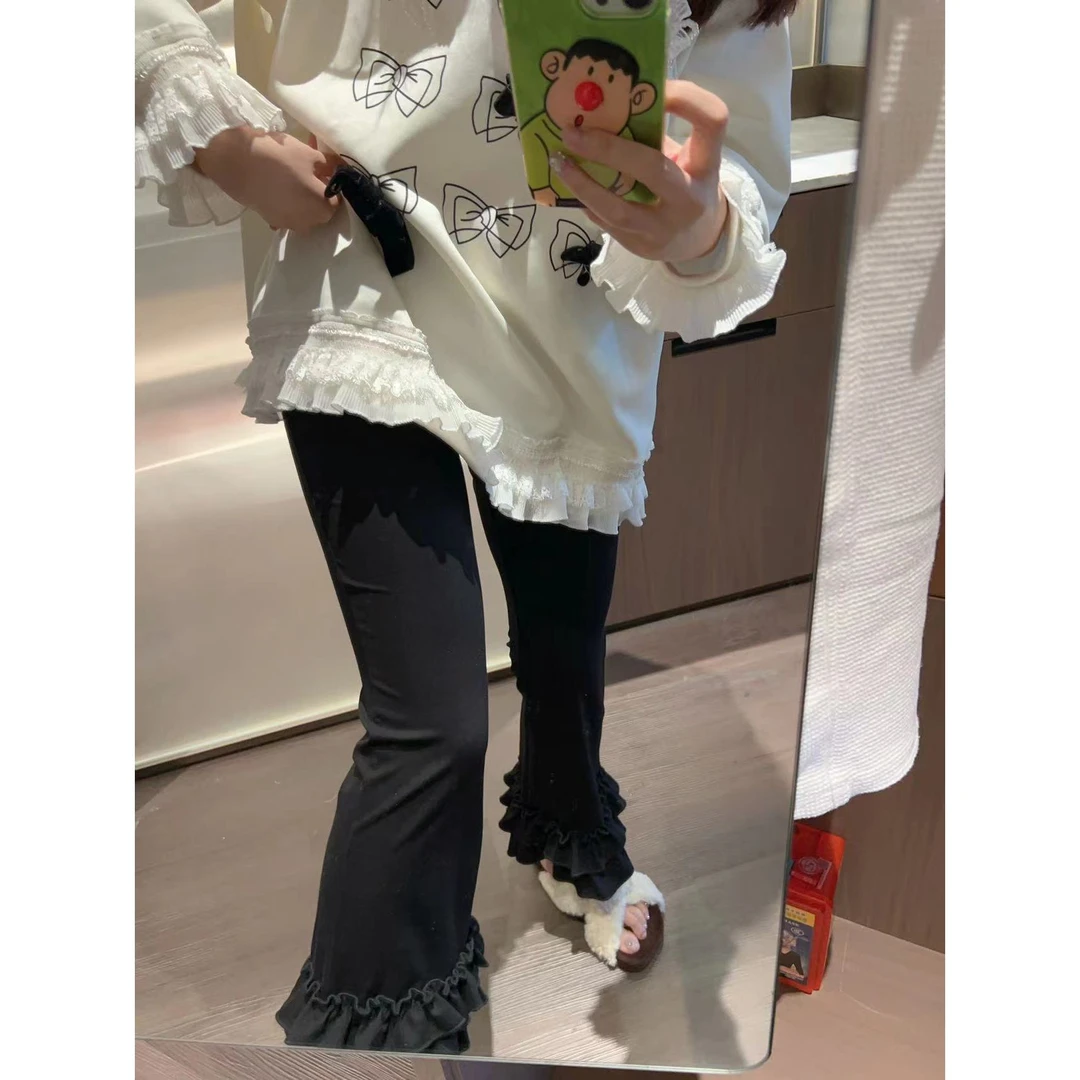 【YFONI】时尚高级感丝绒微喇木耳花边裤