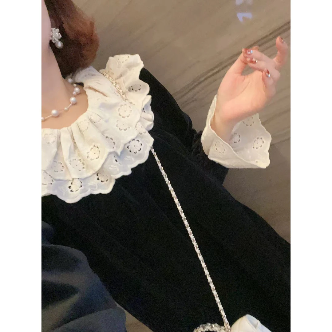 【YFONI】高质感丝绒~娃娃领连衣裙