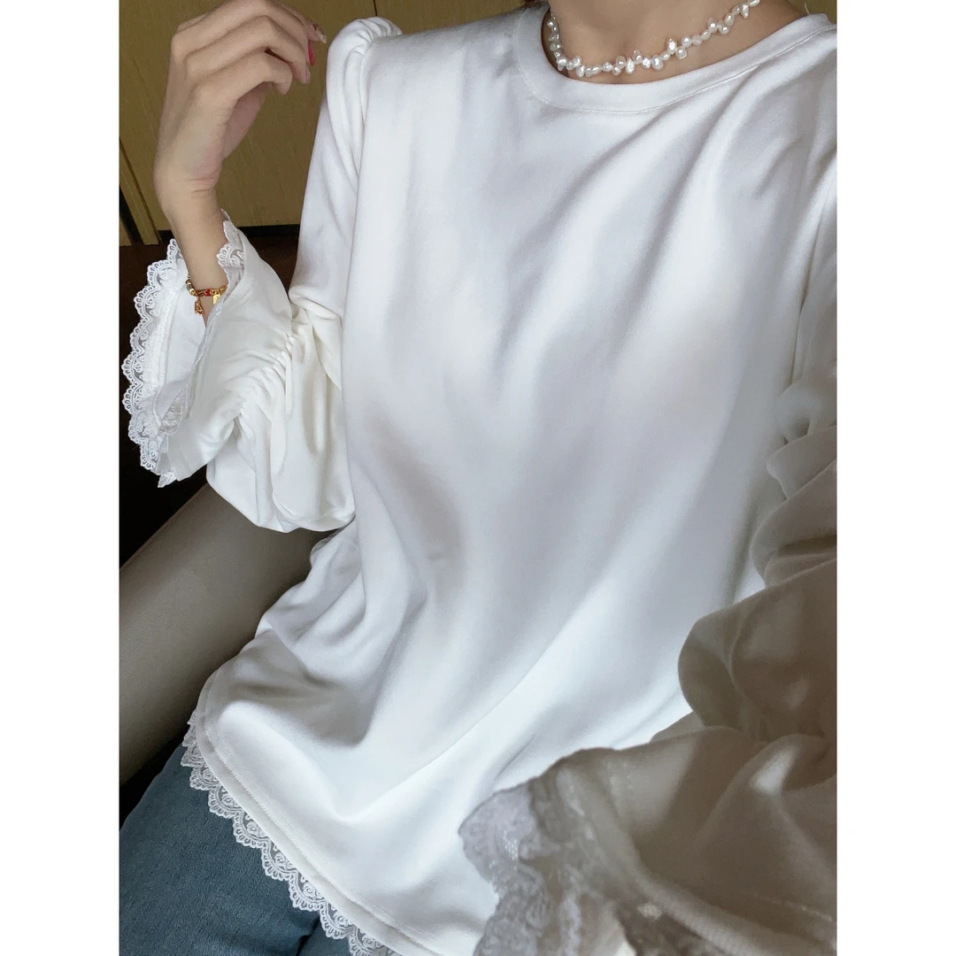 【YFONI】加绒花边蕾丝百搭上衣