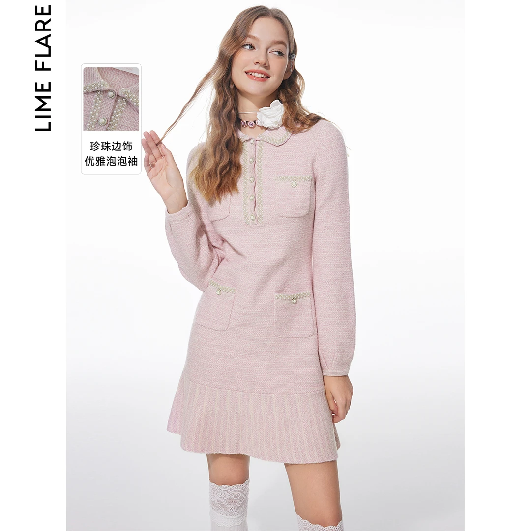 莱茵甜美翻领小香风针织女装连衣裙时尚优雅冬季收腰LMED18KOP320