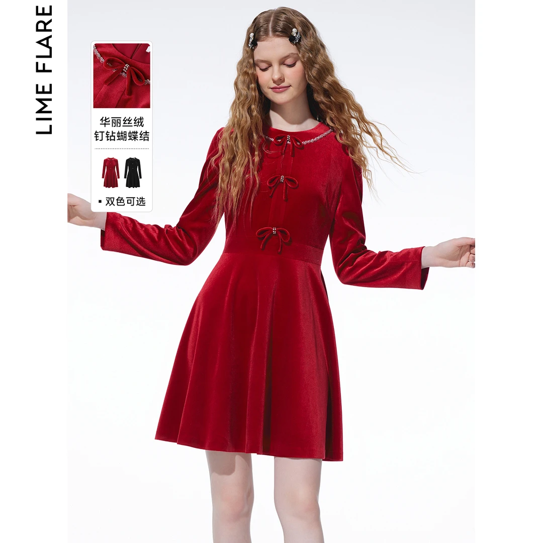 莱茵法式高级感名媛丝绒连衣裙冬季蝴蝶结气质裙子LMED18VOP273
