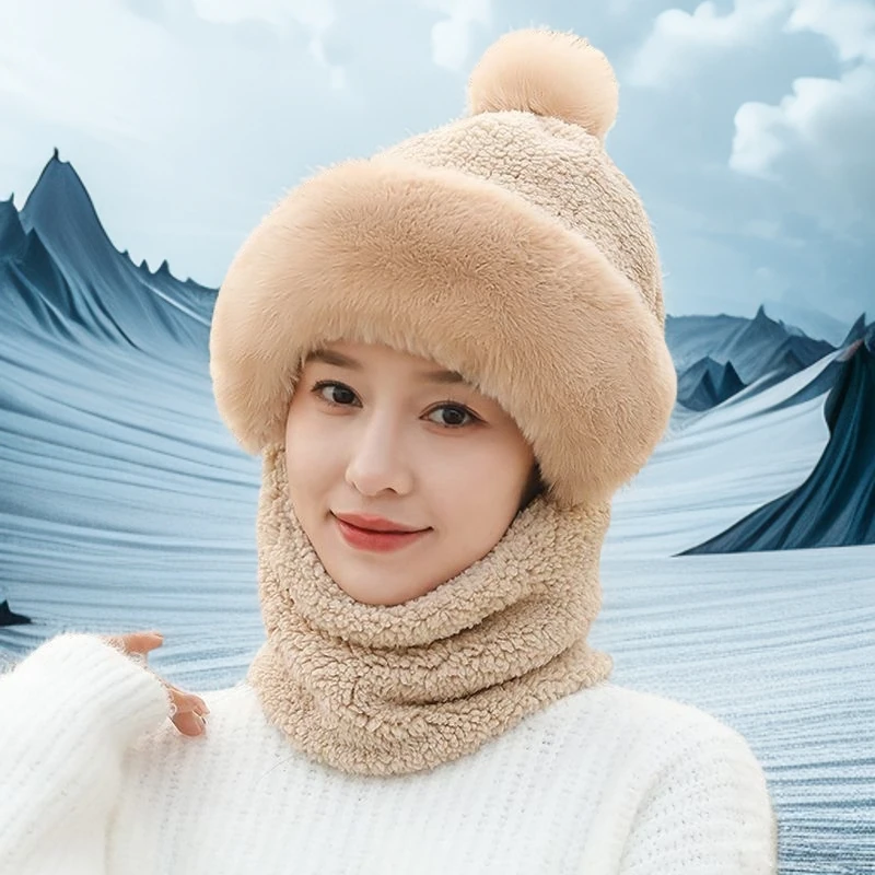 女士新款加厚毛球风雪帽秋冬季毛绒帽子女加绒保暖骑车围脖帽一体